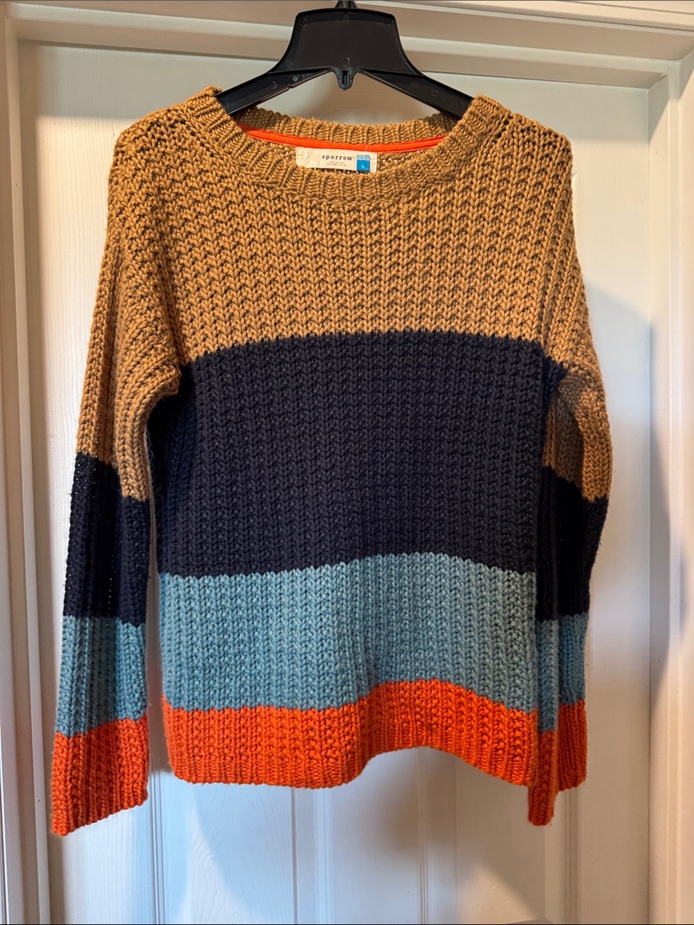 sparrow Striped Crewneck Sweater in Mustard, Navy, Teal & Orange